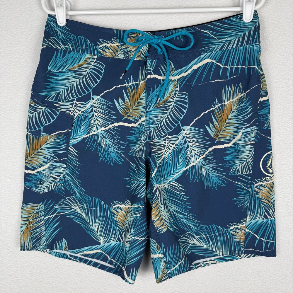 Volcom Board Shorts Mens 30 Blue Palm Leaf Print Tropical Vacation Surfer
